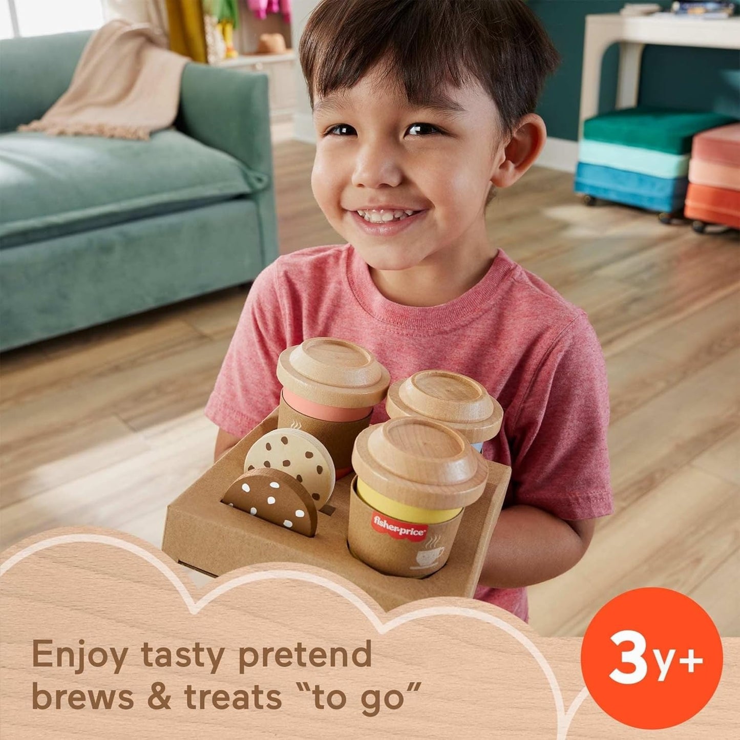 Fisher-Price Wood Pretend Play Toy Coffee to Go Café Set, 15-Piece Wooden Playset with Cups & Food for Preschool Kids Ages 3+ Years