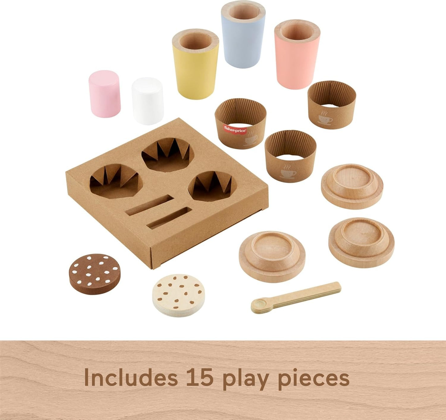 Fisher-Price Wood Pretend Play Toy Coffee to Go Café Set, 15-Piece Wooden Playset with Cups & Food for Preschool Kids Ages 3+ Years