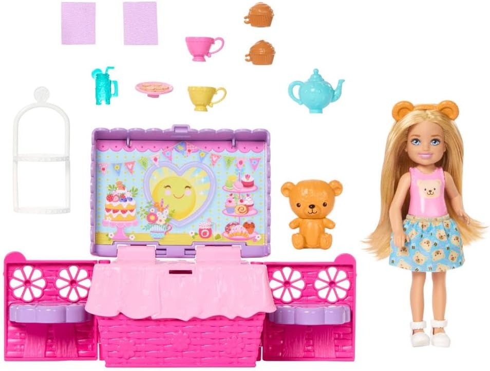Barbie Family & Friends Club Chelsea Pop-Up Tea Party Playset with Blonde Small Doll, Transforming Picnic Basket & 10+ Accessories
