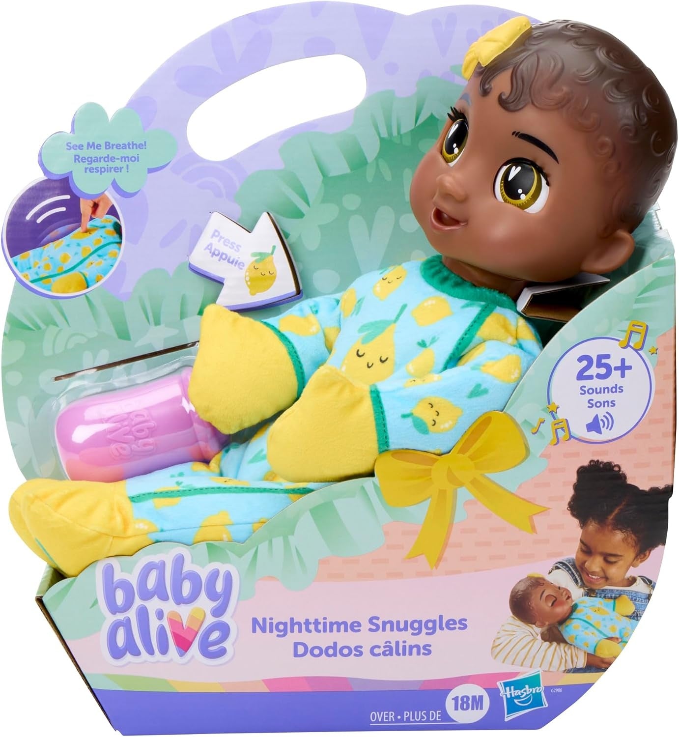 Baby Alive Nighttime Snuggles, Black Hair Doll with Sounds, Soft Body and Breathing Motions, Toys for Kids Ages 18 Months+