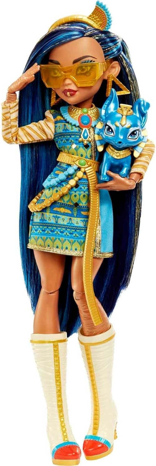Monster High Doll, Cleo De Nile with Blue Streaked Hair in Signature Look with Fashion Accessories & Pet Dog Tut