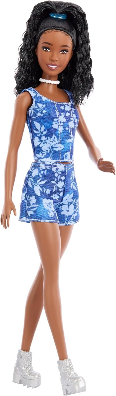 Barbie Fashionistas Style Doll #248 with Black Hair, Wearing Blue Floral Shorts with Blue Floral Tank Top, Silver Shoes