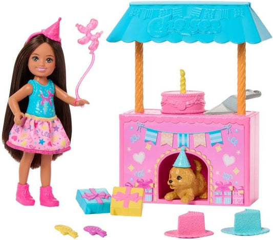 Barbie Family & Friends Club Chelsea Surprise Birthday Party Playset with Chelsea Small Doll (Brunette), Transforming Doghouse & 10+ Accessories