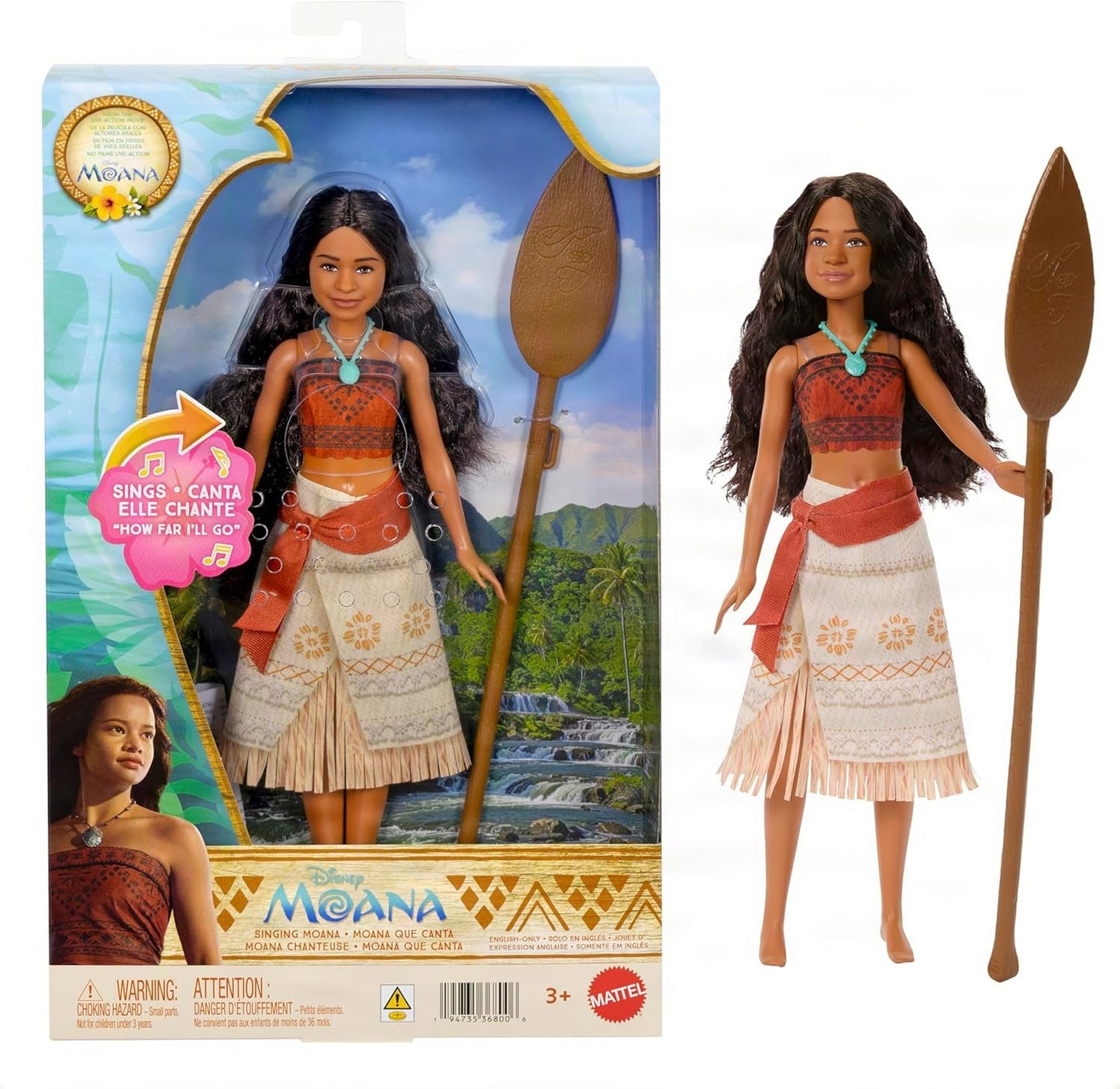 Mattel Disney Toys, Singing Moana Doll with Removable Signature Fashion & 2 Accessories, Sings “How Far I’ll Go” Inspired by Live Action Movie