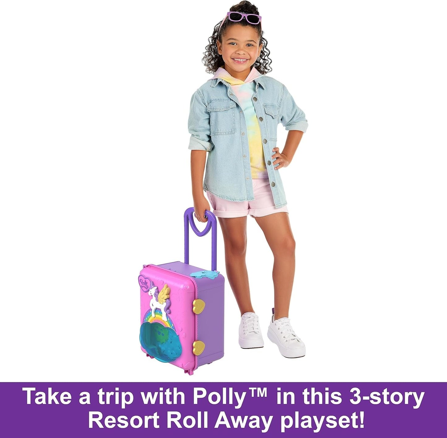 Polly Pocket Dolls, Playset and Travel Toys, 4 Dolls, 1 Vehicle, 25+ Accessories, Resort Roll Away