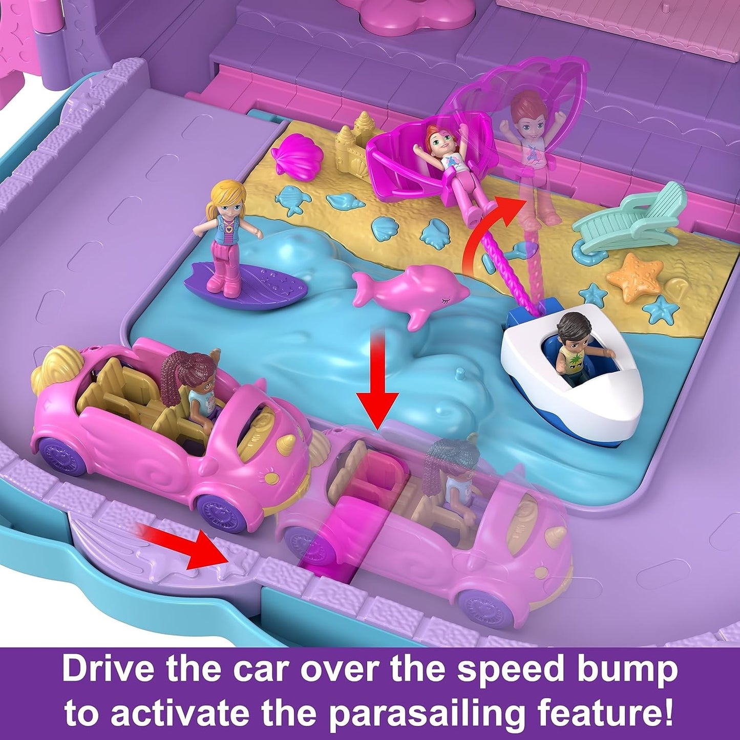 Polly Pocket Dolls, Playset and Travel Toys, 4 Dolls, 1 Vehicle, 25+ Accessories, Resort Roll Away