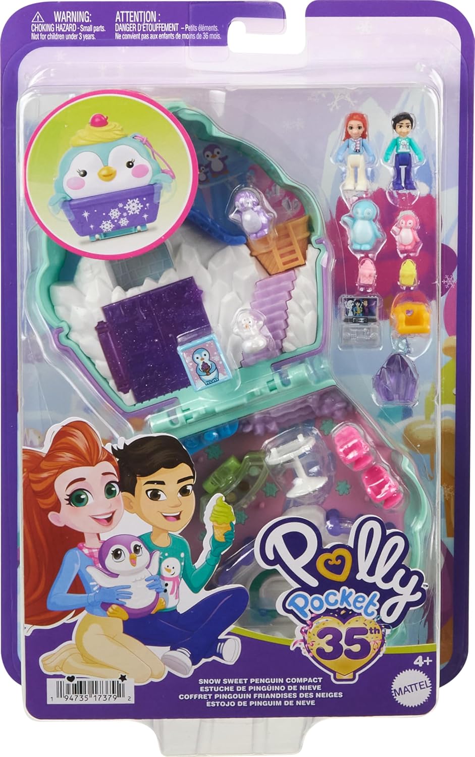 Polly Pocket Dolls & Playset, Snow Sweet Penguin Compact with 13 Accessories, Travel Toy with Fidget Exterior