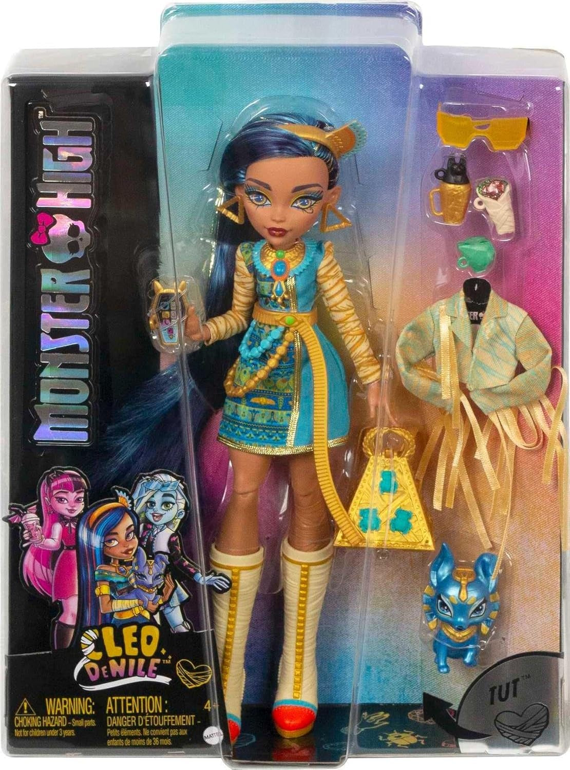Monster High Doll, Cleo De Nile with Blue Streaked Hair in Signature Look with Fashion Accessories & Pet Dog Tut