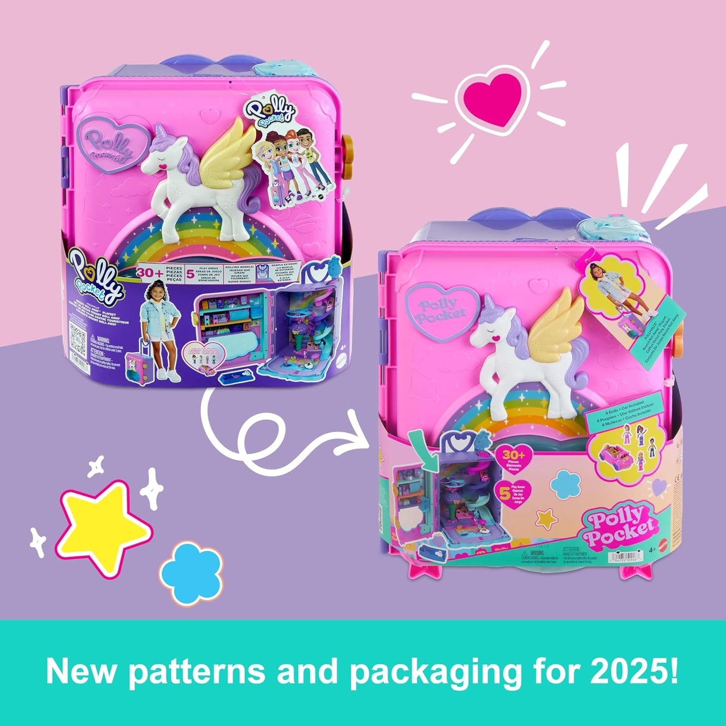 Polly Pocket Dolls, Playset and Travel Toys, 4 Dolls, 1 Vehicle, 25+ Accessories, Resort Roll Away