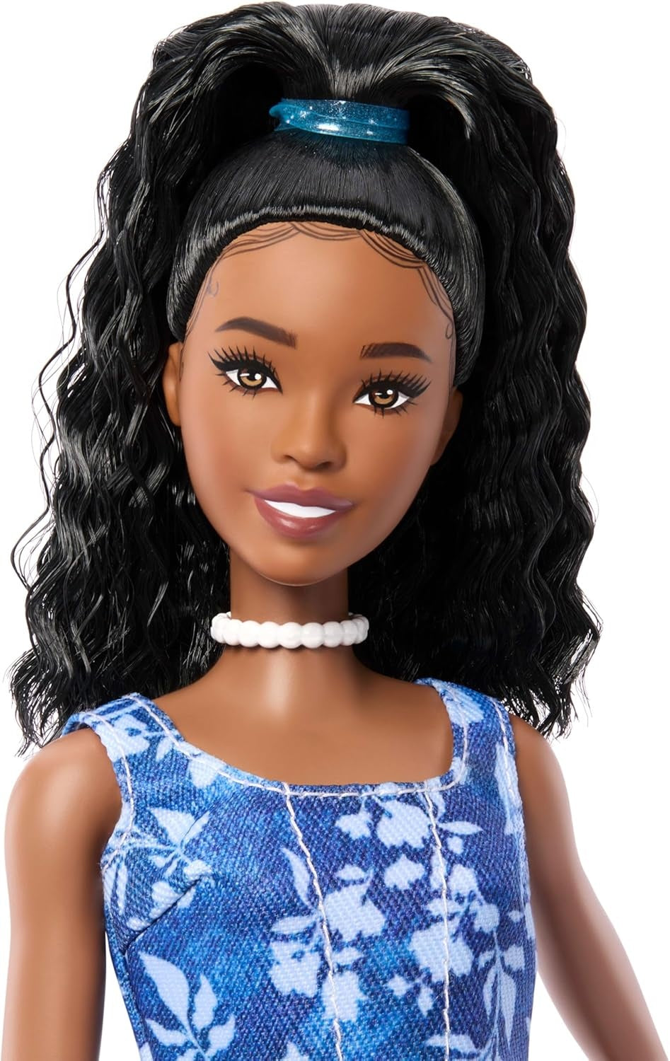 Barbie Fashionistas Style Doll #248 with Black Hair, Wearing Blue Floral Shorts with Blue Floral Tank Top, Silver Shoes