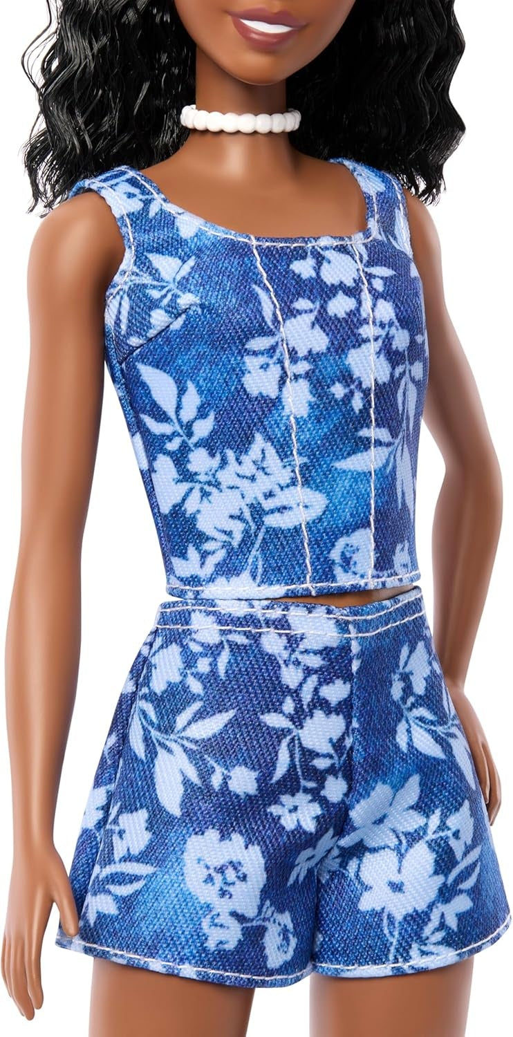 Barbie Fashionistas Style Doll #248 with Black Hair, Wearing Blue Floral Shorts with Blue Floral Tank Top, Silver Shoes