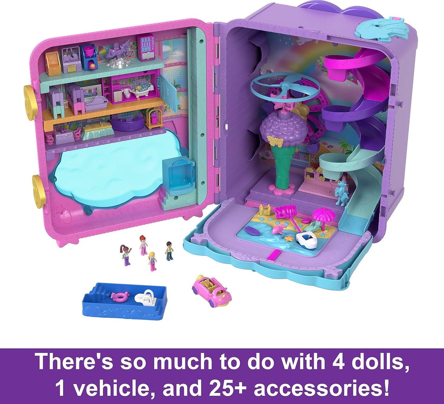 Polly Pocket Dolls, Playset and Travel Toys, 4 Dolls, 1 Vehicle, 25+ Accessories, Resort Roll Away