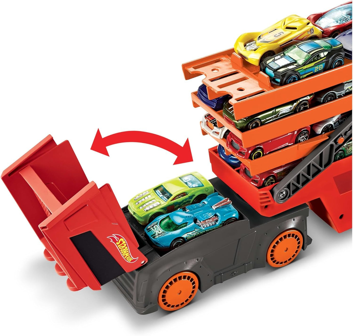 Hot Wheels Toy Car Track Set, Mega Hauler with 6 Expandable Levels, Storage for Up to 50 1:64 Scale Vehicles, Connects to Other Sets & Tracks