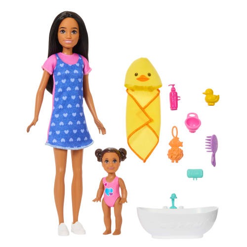 Barbie Skipper Babysitters Inc. Playset with Brunette Doll, Brunette Toddler Doll, Bathtub & 6 Accessories Including a Rubber Duckie
