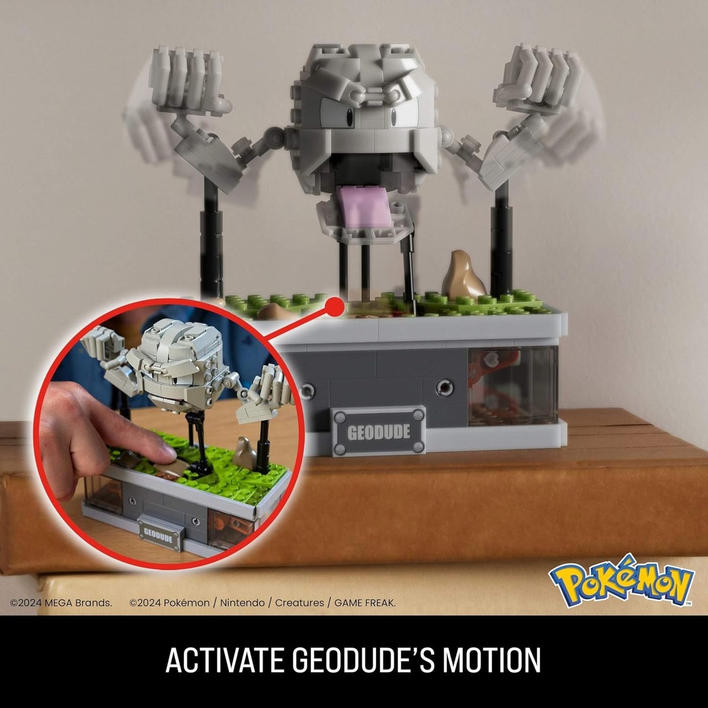 MEGA Pokémon Building Toys Set, Mini Motion Geodude with 343 Pieces, 5 Inches Tall, Moving Arms and Mouth, Adult Collectible