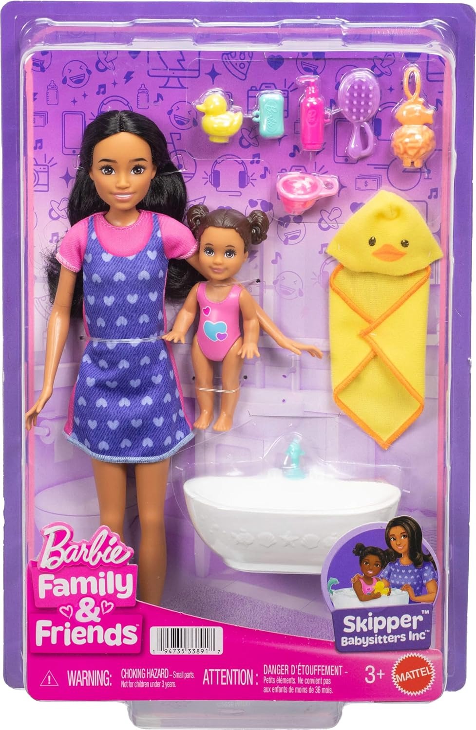 Barbie Skipper Babysitters Inc. Playset with Brunette Doll, Brunette Toddler Doll, Bathtub & 6 Accessories Including a Rubber Duckie