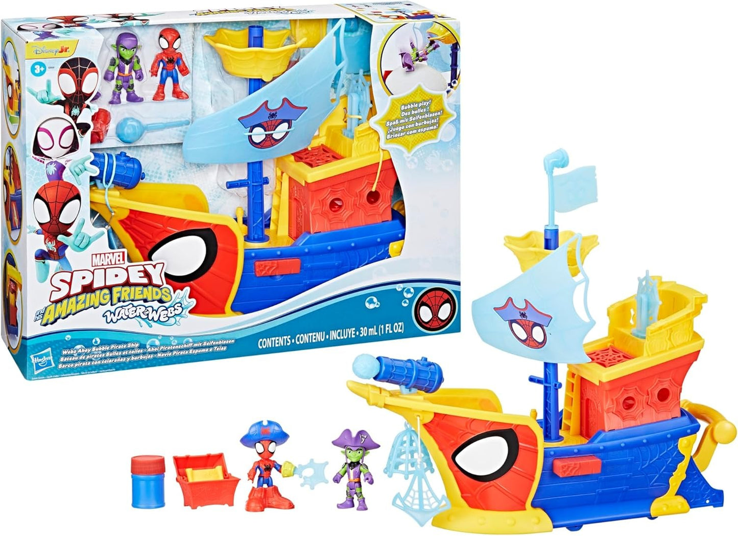 Spidey and HIS Amazing Friends Marvel Water-Webs Webs Ahoy Bubble Pirate Ship Toy, 3-Inch Action Figures & Boat Playset, Super Hero Toys, 3+ Years