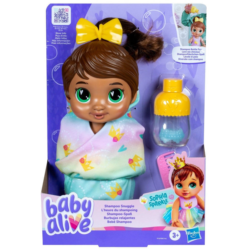Baby Alive Shampoo Snuggle Sophia Sparkle Brown Hair 11 Inch Water Baby Doll Playset, Toys for 3 Year Old Girls & Boys & Up