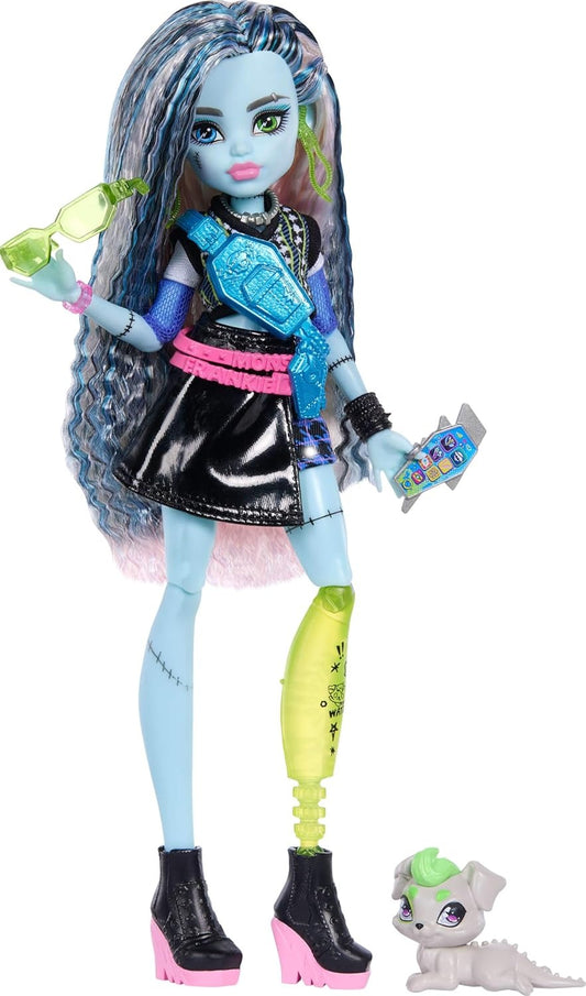 Monster High Doll, Frankie Stein in Cropped Sweater and Black Pleather Skirt with Pet Dog Watzie and 7 Accessories Like Earphones, Belt Bag and Snacks