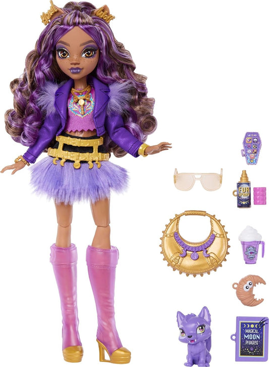 Monster High Doll, Clawdeen Wolf in Purple Moto Jacket and Furry Skirt with Pet Wolf Pup Crescent and 7 Accessories Like Book, Croissant and Purse