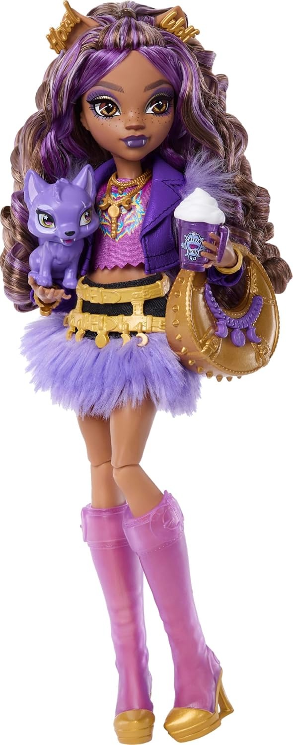 Monster High Doll, Clawdeen Wolf in Purple Moto Jacket and Furry Skirt with Pet Wolf Pup Crescent and 7 Accessories Like Book, Croissant and Purse