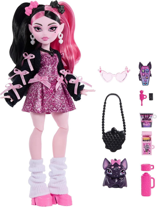 Monster High Doll, Draculaura in Pink Bow Dress and Black Cardigan with Pet Bat Count Fabulous and 7 Accessories Like Ramen, Lipstick and Purse