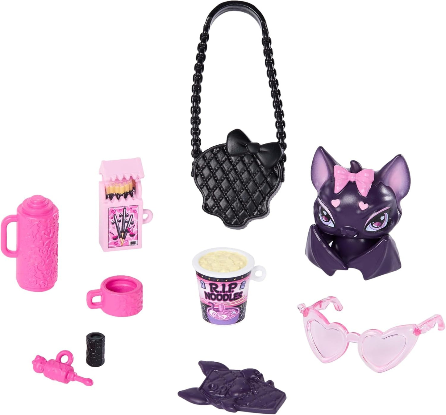 Monster High Doll, Draculaura in Pink Bow Dress and Black Cardigan with Pet Bat Count Fabulous and 7 Accessories Like Ramen, Lipstick and Purse