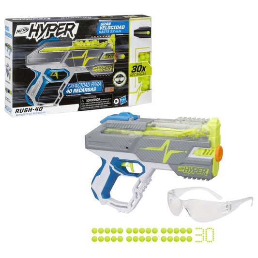 Nerf Hyper Rush-40 Pump-Action Blaster, 30 Hyper Rounds, Eyewear, Up to 110 FPS Velocity, Easy Reload