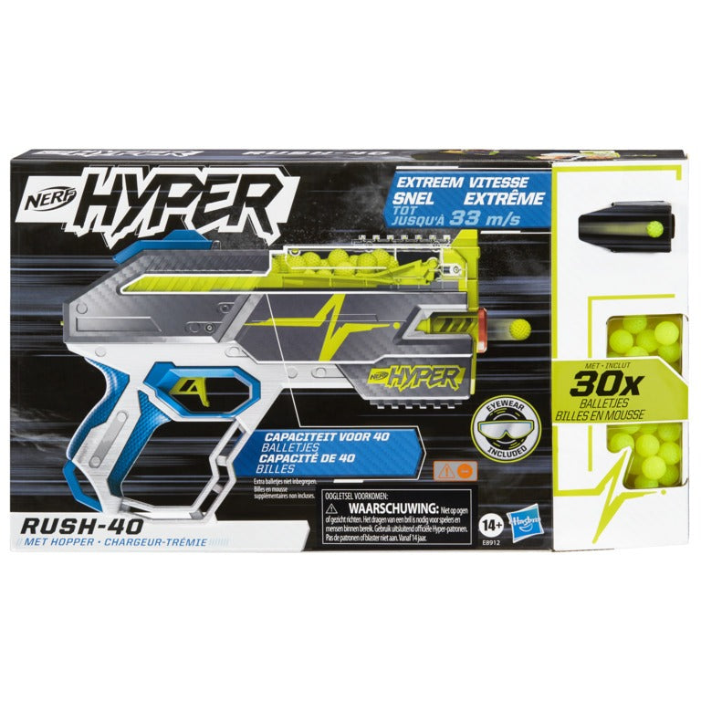 Nerf Hyper Rush-40 Pump-Action Blaster, 30 Hyper Rounds, Eyewear, Up to 110 FPS Velocity, Easy Reload