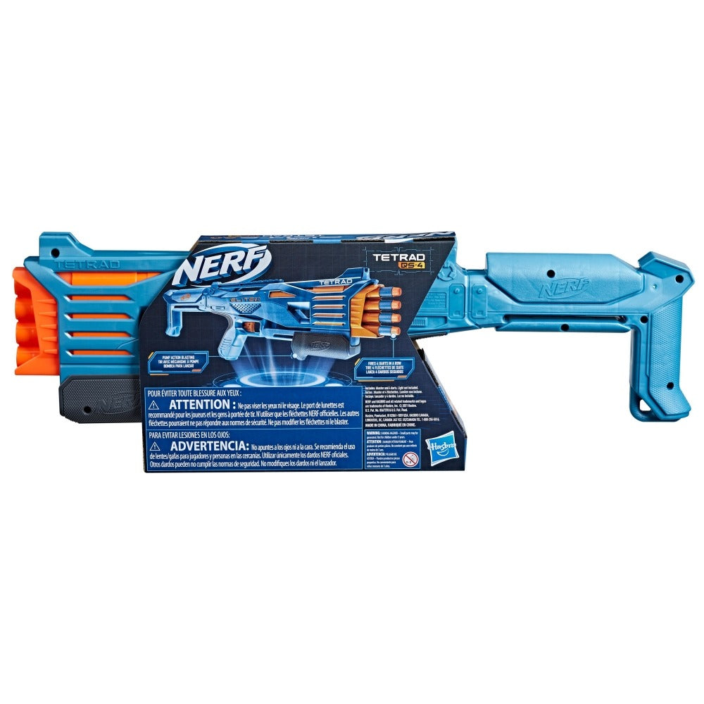 Nerf Elite 2.0 Tetrad QS-4 Blaster, Includes 4 Nerf Elite Darts, 4-Barrel Blasting, Tactical Rail for Customizing Capability, Pump Action