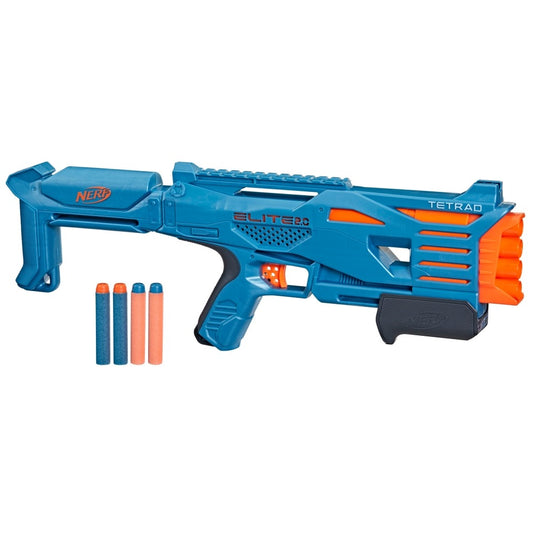 Nerf Elite 2.0 Tetrad QS-4 Blaster, Includes 4 Nerf Elite Darts, 4-Barrel Blasting, Tactical Rail for Customizing Capability, Pump Action