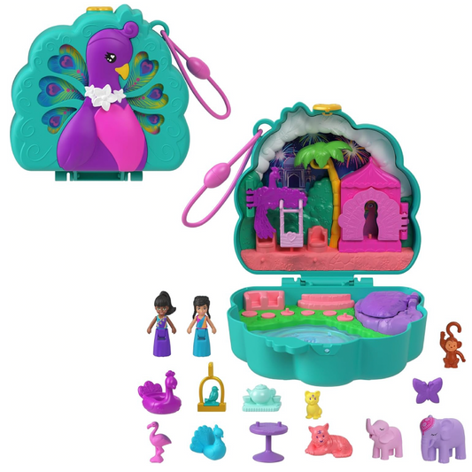 Polly Pocket Dolls & Playset, Peacock Garden Compact, Travel Toy with 2 Micro Dolls, Pets & Animal Accessories