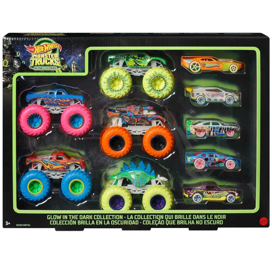 Hot Wheels Toy Monster Trucks 10-Pack of Glow-in-The-Dark 1:64 Scale Vehicles, GITD Set of 5 Trucks & 5 Cars, Play Vehicles for Kids & Collectors