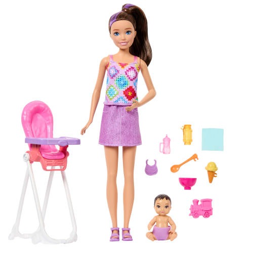 Barbie Skipper Babysitters Inc. Playset with Brunette Doll, Brunette Toddler Doll, High Chair & 8 Accessories Including Food