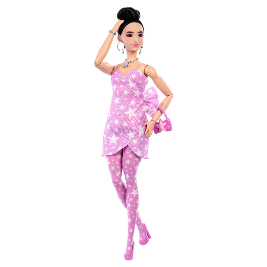 Barbie Deluxe Style Doll #11 in Pink Denim Star-Print Dress with Matching Tights, Black Hair in High Bun, Accessories Like Handbag and Jewelry