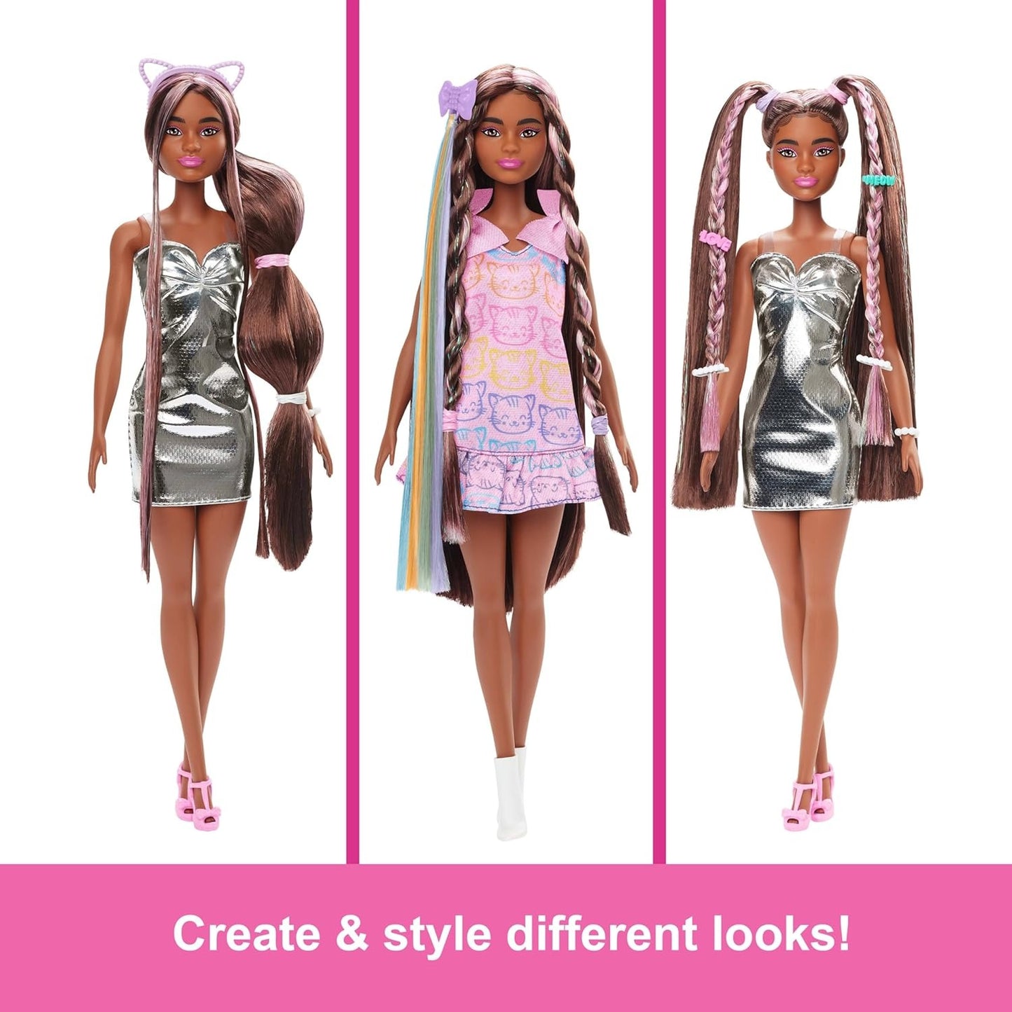 Barbie Fun & Fancy Fashion Doll & Accessories, with Extra-Long Black Hair & 2 Looks, Including Silver Dress & Hair Extension