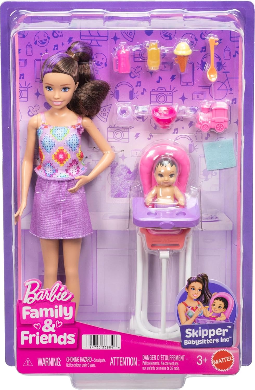 Barbie Skipper Babysitters Inc. Playset with Brunette Doll, Brunette Toddler Doll, High Chair & 8 Accessories Including Food