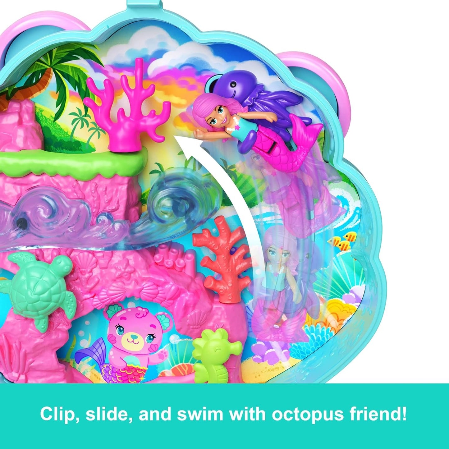 Polly Pocket Dolls and Playset, Glitter Island Compact, Travel Toy with 1 Micro Mermaid Doll, Ocean Pets & Themed Accessories