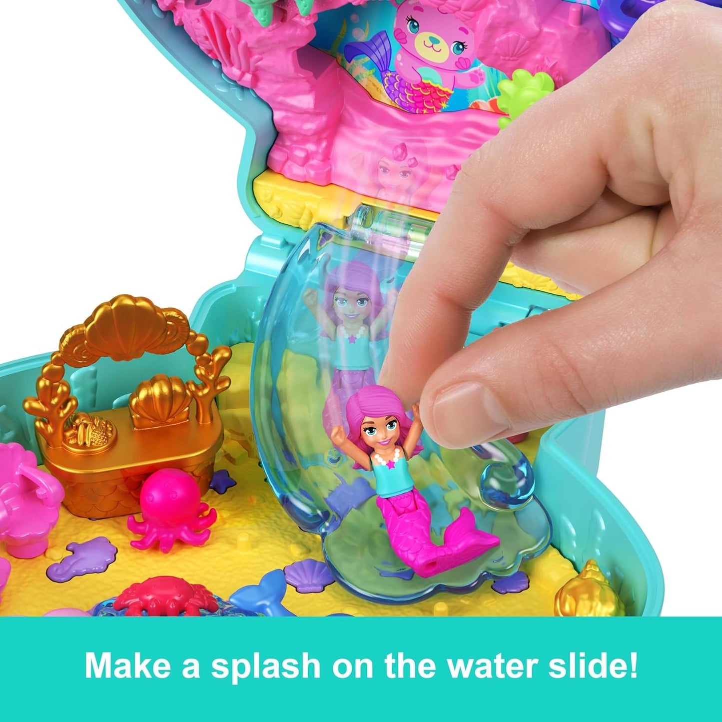Polly Pocket Dolls and Playset, Glitter Island Compact, Travel Toy with 1 Micro Mermaid Doll, Ocean Pets & Themed Accessories