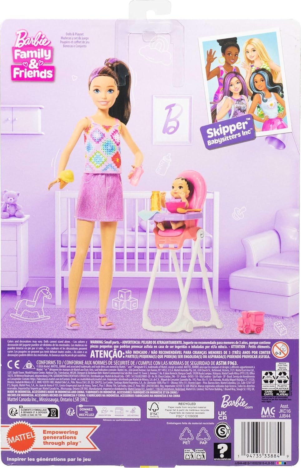 Barbie Skipper Babysitters Inc. Playset with Brunette Doll, Brunette Toddler Doll, High Chair & 8 Accessories Including Food