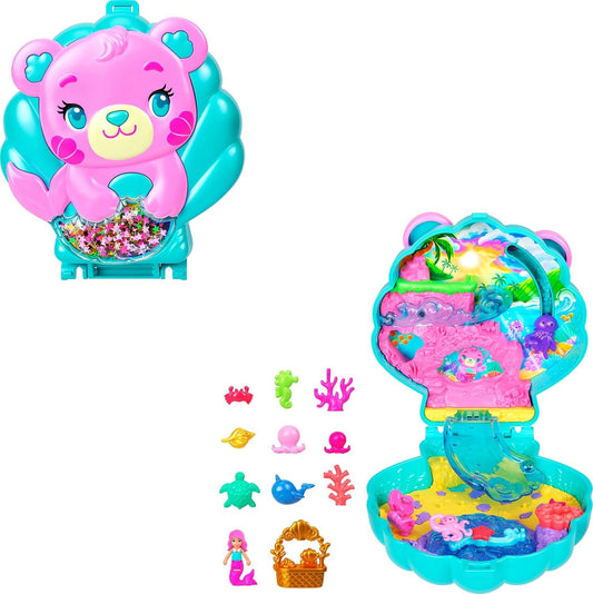 Polly Pocket Dolls and Playset, Glitter Island Compact, Travel Toy with 1 Micro Mermaid Doll, Ocean Pets & Themed Accessories