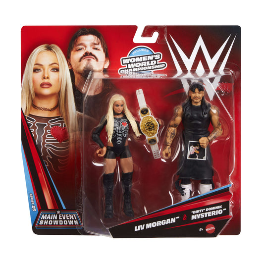 Mattel WWE Main Event Showdown Action Figures 2-Pack with Accessory, Series #25 ”Dirty” Dominik Mysterio & Liv Morgan Collectible Set, 6-inch