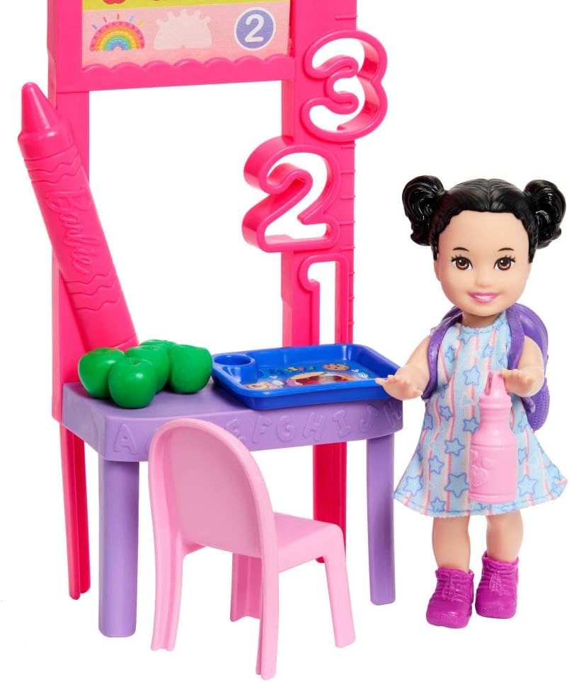 Barbie Careers Teacher Playset with Fashion Doll Wearing Removable Dress, Toddler Small Doll, Classroom Board & Accessories