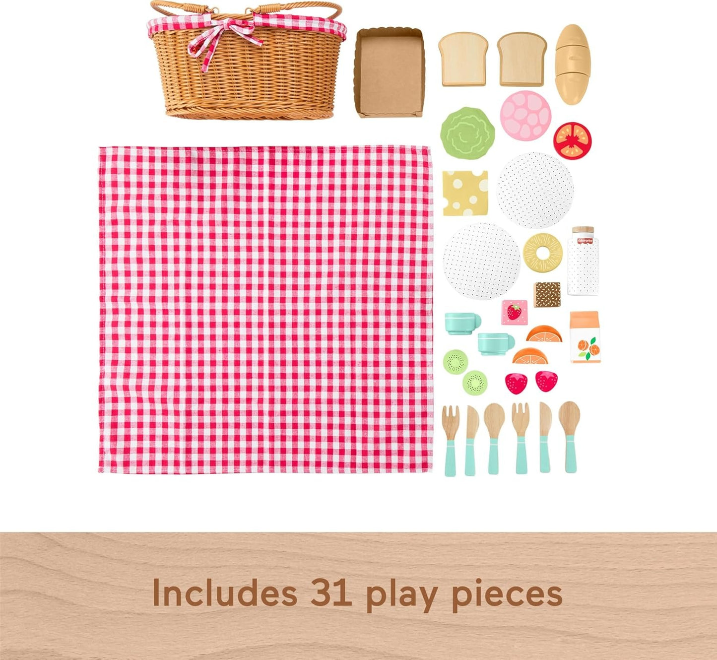 Fisher-Price Wood Pretend Play Toy Picnic Basket, 31-Piece Wooden Food Playset for Preschool Kids Ages 3+ Years