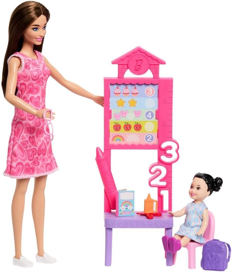 Barbie Careers Teacher Playset with Fashion Doll Wearing Removable Dress, Toddler Small Doll, Classroom Board & Accessories