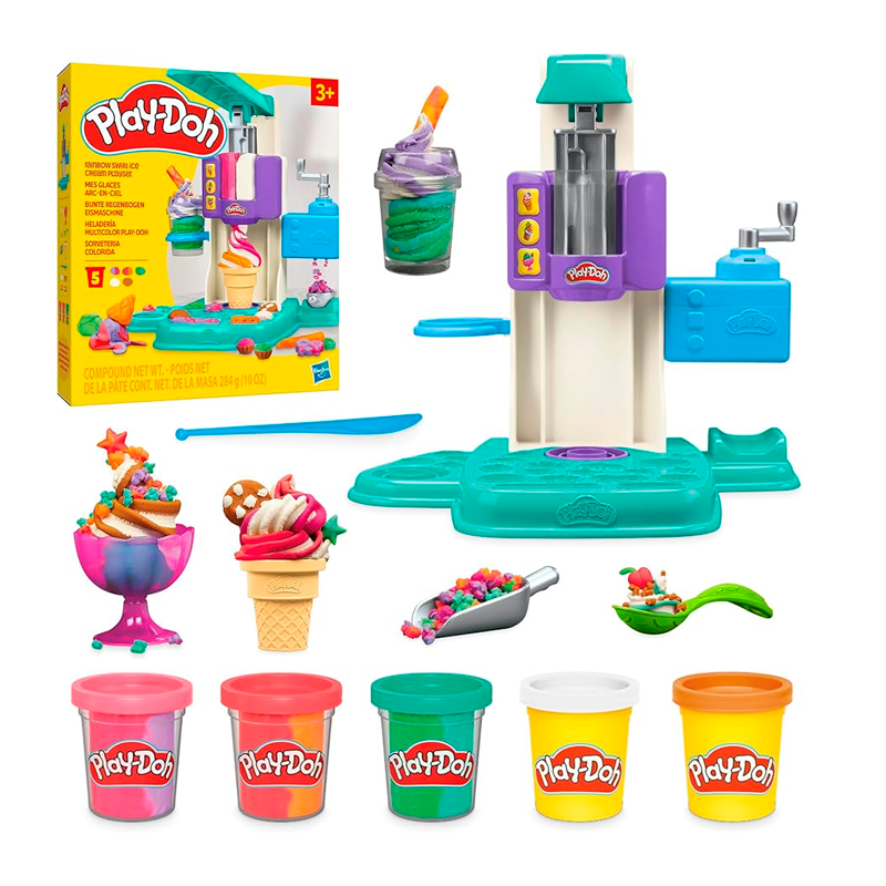 Play-Doh Rainbow Swirl Ice Cream Playset with 7 Pretend Play Kitchen Accessories, Arts and Crafts Toys for 3 Year Old Girls and Boys and Up