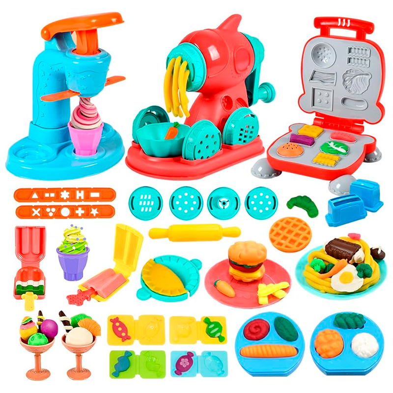 3 in 1 Color Dough Kitchen Creations Set, Ice Cream Noodle Hamburger Maker Machine, Art Crafts Food Modeling Play Toys, Deluxe Tools Kit for Boys Girls Kids Toddlers Ages 3+ (12 Colors Dough)