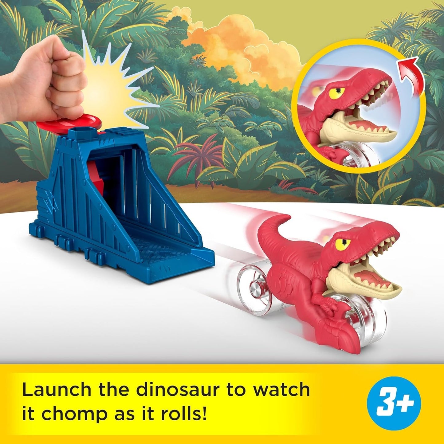 Fisher-Price Imaginext Jurassic World Launcher Set with 4.25-inch Chomping Toy Triceratops Dinosaur, Blaster & Food Projectile