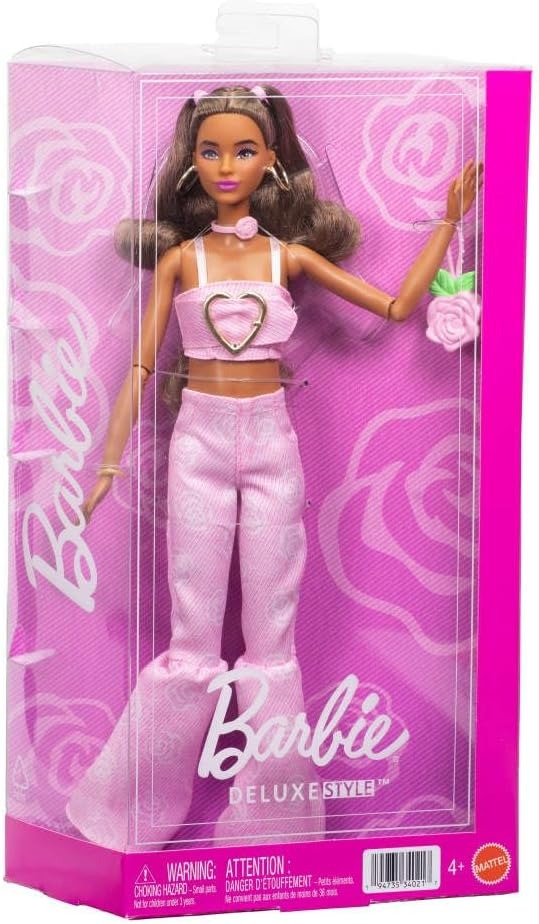 Barbie Deluxe Style Doll #12 in Pink Denim Crop Top with Matching Rose Print Flare Jeans, Wavy Brown Hair, Accessories Like Rose Handbag and Jewelry