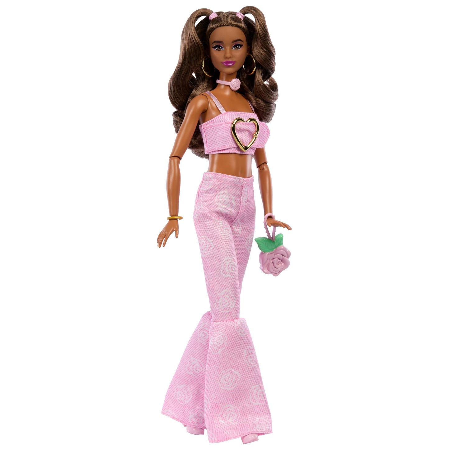 Barbie Deluxe Style Doll #12 in Pink Denim Crop Top with Matching Rose Print Flare Jeans, Wavy Brown Hair, Accessories Like Rose Handbag and Jewelry
